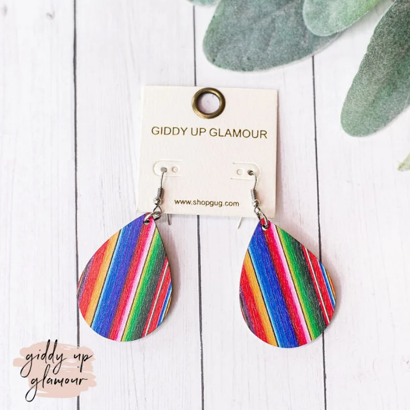 Gold Earrings for Teens-Wooden Teardrop Earrings in Multicolored Serape