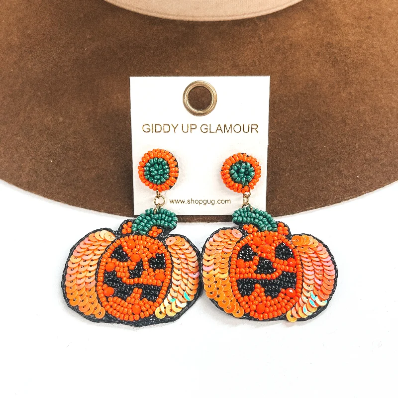 Trendy Earrings for Bridesmaids-Jack O' Lantern Sequin and Seedbeaded Post Earrings in Orange