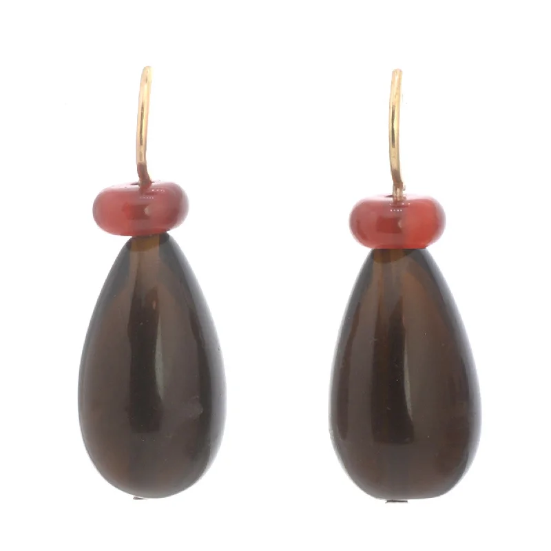 Wedding Earrings with Diamonds-Pom Pom Pear Hooplet Earrings Carnelian Smoky Quartz