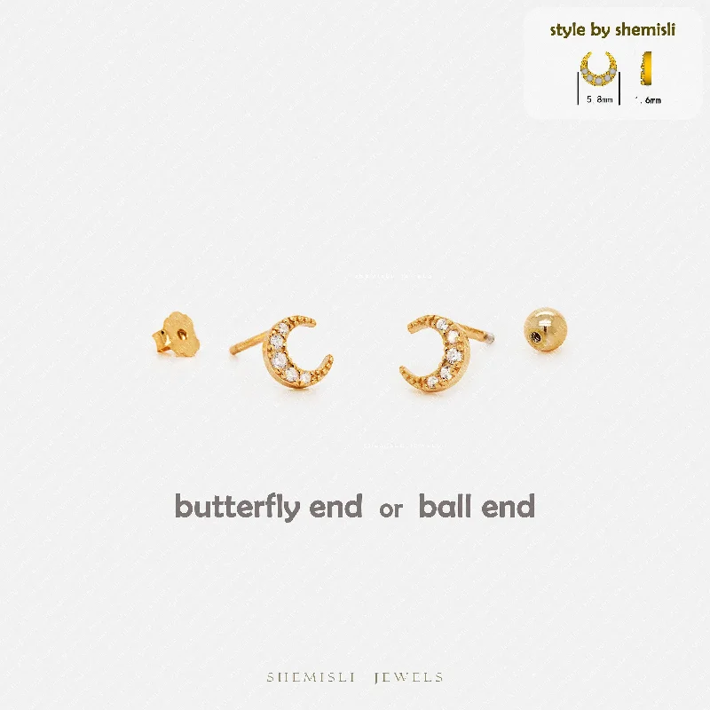 Gold Earrings for Teens-Tiny Moon CZ Studs Earrings, Luna Studs, Unisex, Gold, Silver SHEMISLI SS036 Butterfly End, SS352 Screw Ball End (Type A)