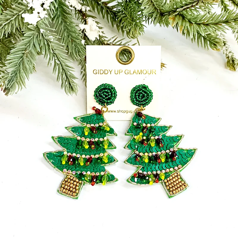 Round Hoop Earrings-Wishing On Winter Sequin and Beaded Christmas Tree Earrings with Yellow,Red, and Green Crystals