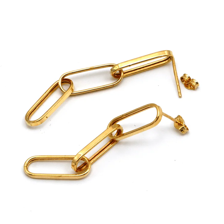 Pearl and Gold Earrings-Real Gold Paper Clip Link Hanging Stud Earring Set 1640 E1796