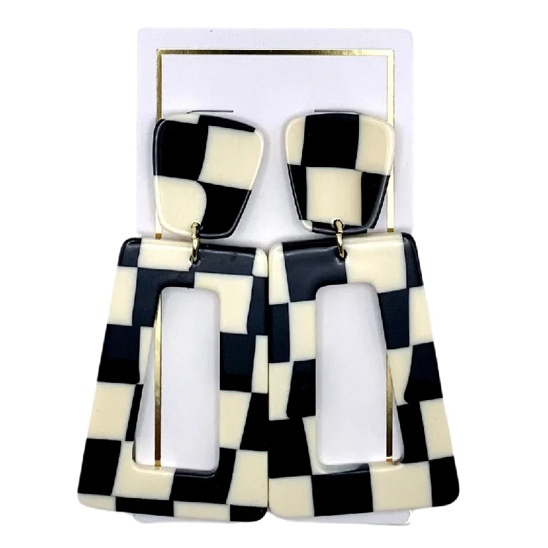 Pearl and Diamond Earrings-Linny Co | Kennedy Rectangular Drop Earrings in Black Checker