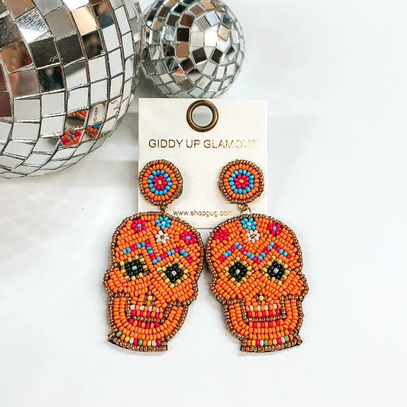 Elegant Bridal Earrings-Seedbeaded Sugar Skull Post Earrings in Orange