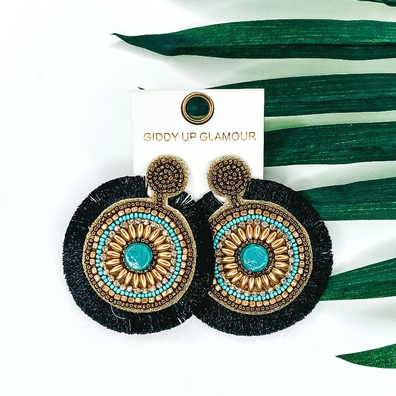 Colorful Drop Earrings for Women-Gold and Black Statement Flower Earrings with Fringe Trim