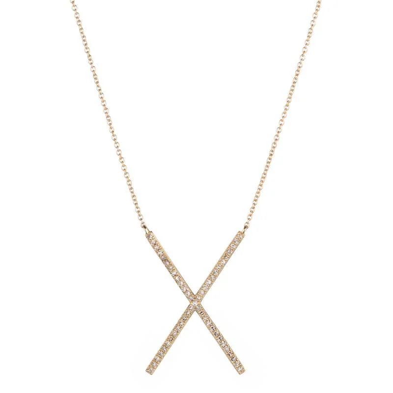 Handcrafted Gold Necklace-Diamond Pavé X Necklace, 14ky