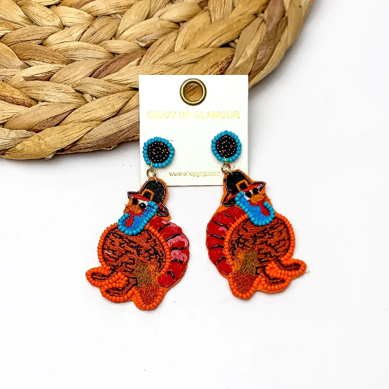 Silver Earrings for Bridesmaids-Fall Time Beaded Turkey Earrings in Brown, Red, and Orange