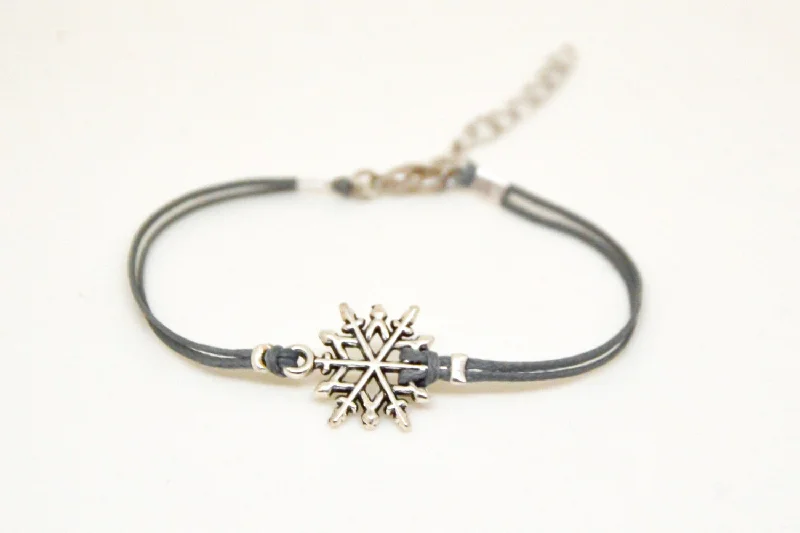 Women’s Beaded Bracelet-Women bracelet with silver snow flake charm, gray cord