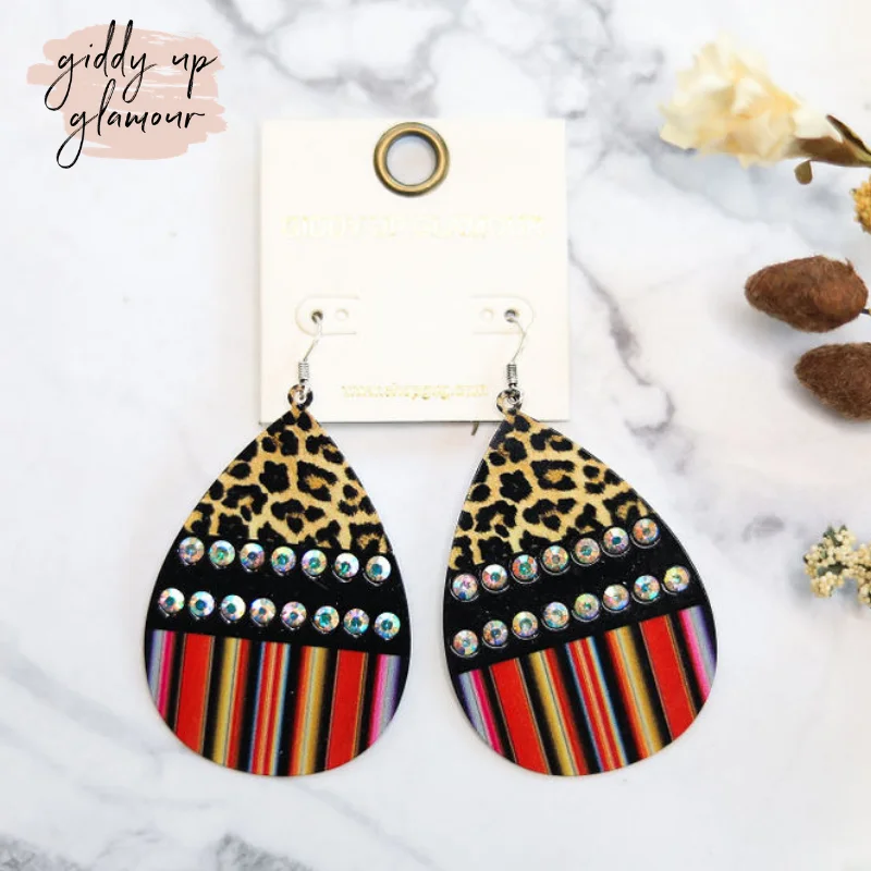 Small Stud Earrings for Women-Color Block Teardrop Earrings With Leopard Print and Serape in Black