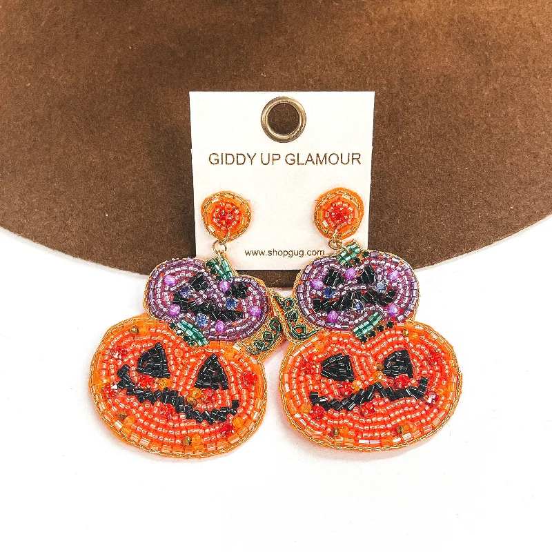 Retro Earrings for Women-Two Tiered Seedbeaded and Crystal Pumpkin Post Earrings in Orange and Purple