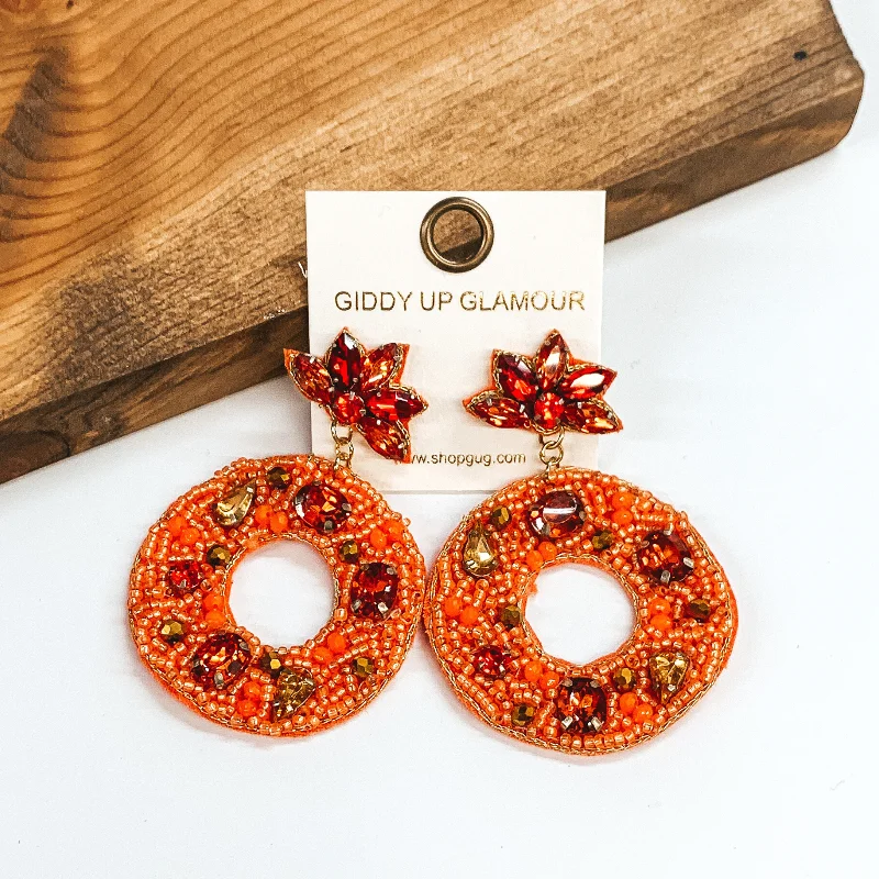 Modern Silver Drop Earrings-Crystal Beaded Fall Wreath Earrings in Orange