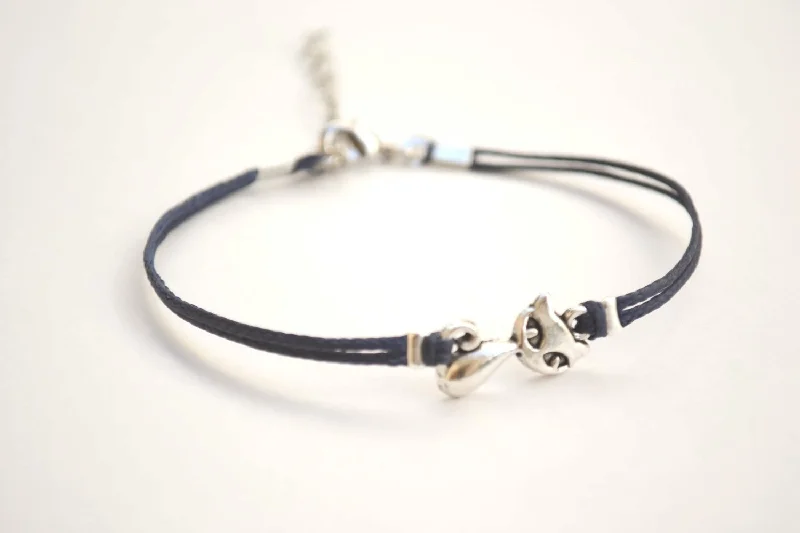 Custom Beaded Bracelet for Women-Silver cat charm bracelet, blue cord, adjustable bracelet