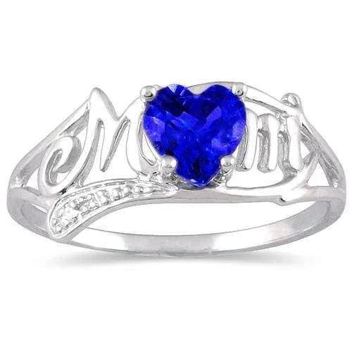 Wedding Ring Set with Diamonds-.50 Ct Blue Sapphire Heart & Diamond Mom Ring .925 Sterling Silver Rhodium Finish