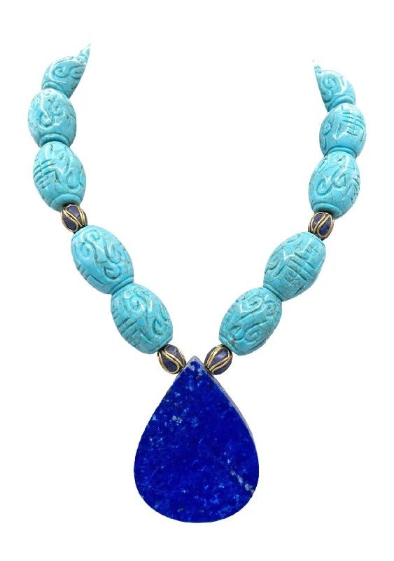 Classic Wedding Necklace-Carved Turquoise DENIM Lapis Pendant Necklace