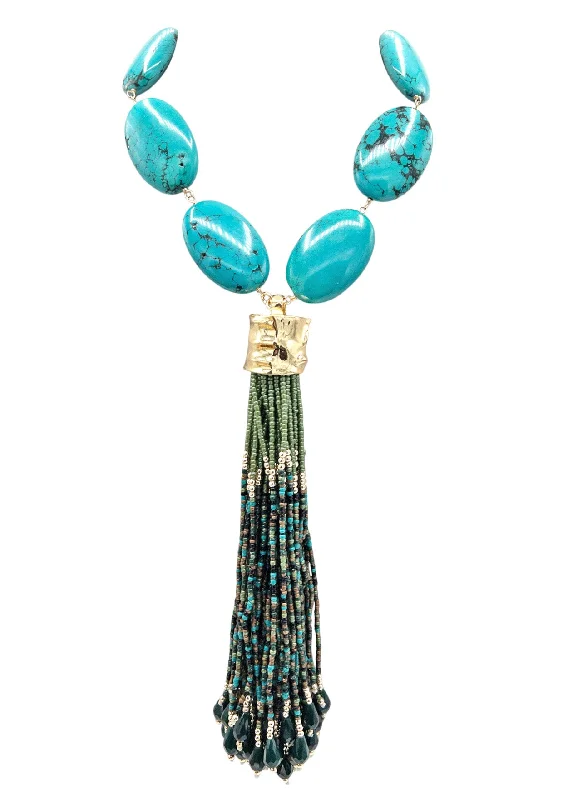 Boho Style Necklace-Turquoise Gold Accent Green Tassel Necklace