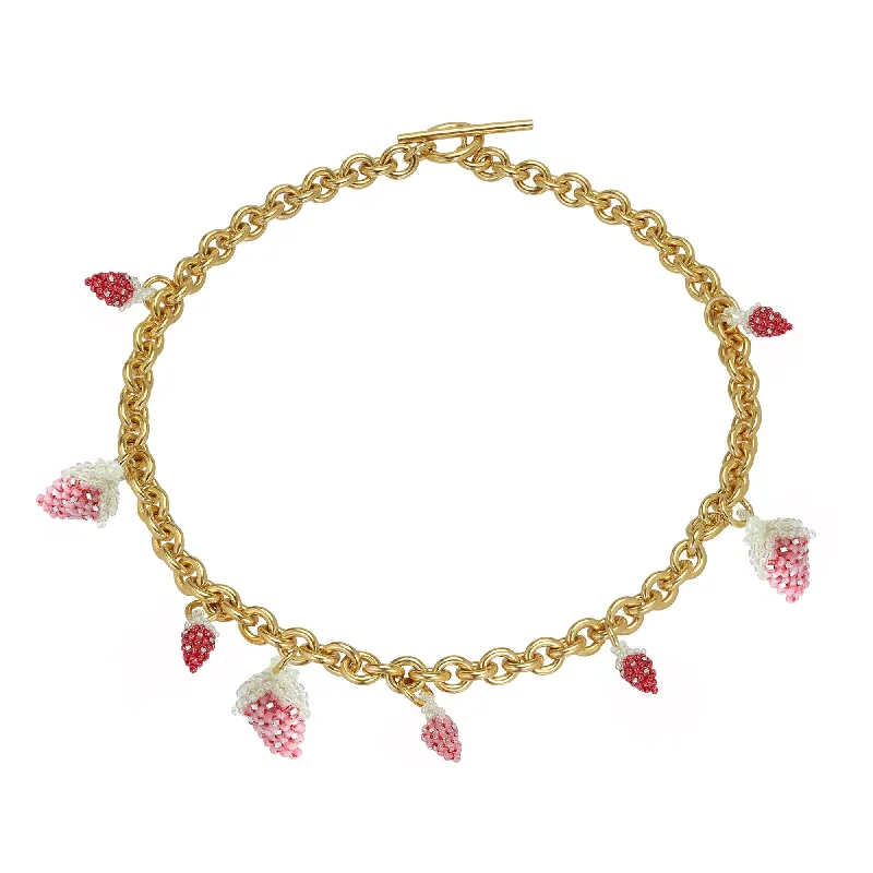 Customizable Heart Necklace-Medium Chunky Strawberry Necklace Gold Plated, Pink and Red Beads