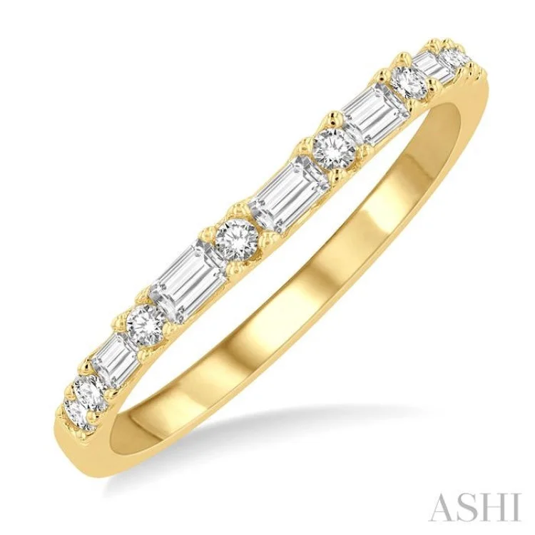 Customizable Birthstone Ring-1/3 ctw Baguette and Round Cut Diamond Wedding Band in 14K Yellow Gold