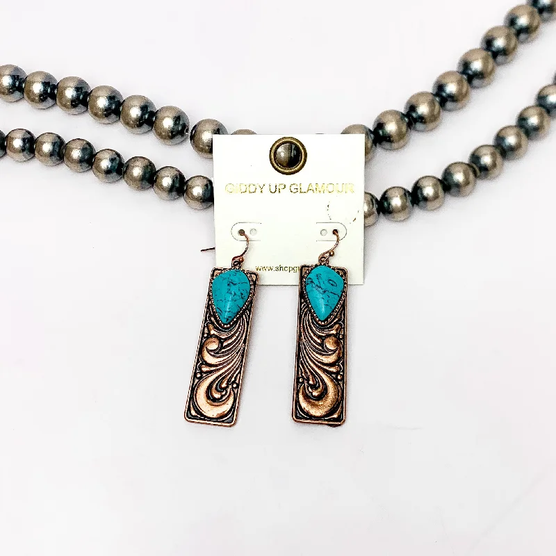 Modern Silver Drop Earrings-Western Swirl Copper tone Rectangular Earrings With Turquoise Blue Stone