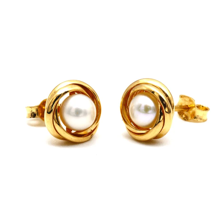 Custom Engraved Earrings-Real Gold Pearl Round Stud Earring Set 0386 E1758