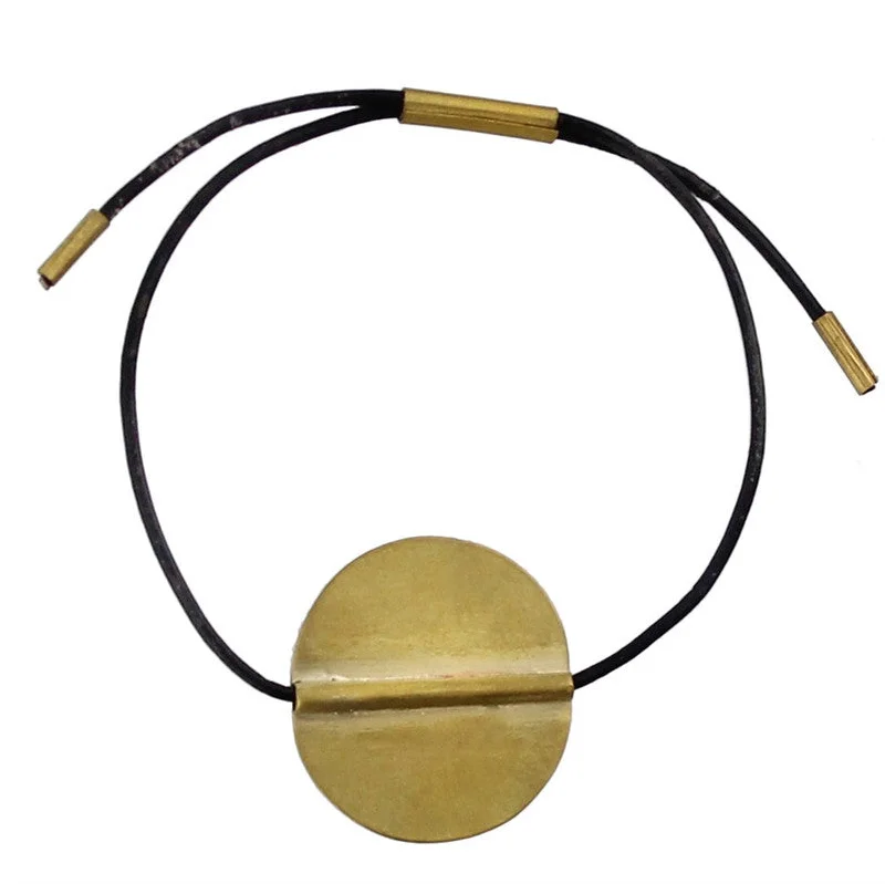 Adjustable Gold Bracelet-Aga Bracelet with Round Brass - Black Leather