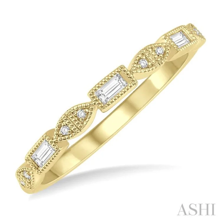 Gold Ring with Emerald-1/10 ctw Baguette & Round Cut Diamond Stackable Band in 14K Yellow Gold