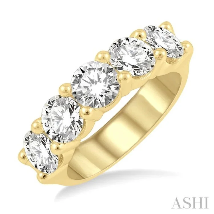 Birthstone Wedding Ring-3.00 ctw 5 Stone Round Cut Diamond Wedding Band in 14K Yellow Gold