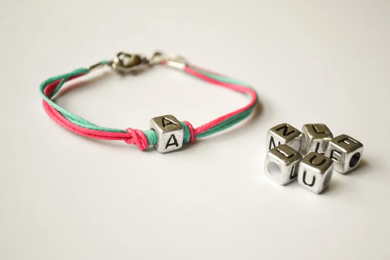 Vintage Charm Bracelet-Initial bracelet for children, pink and turquoise cord