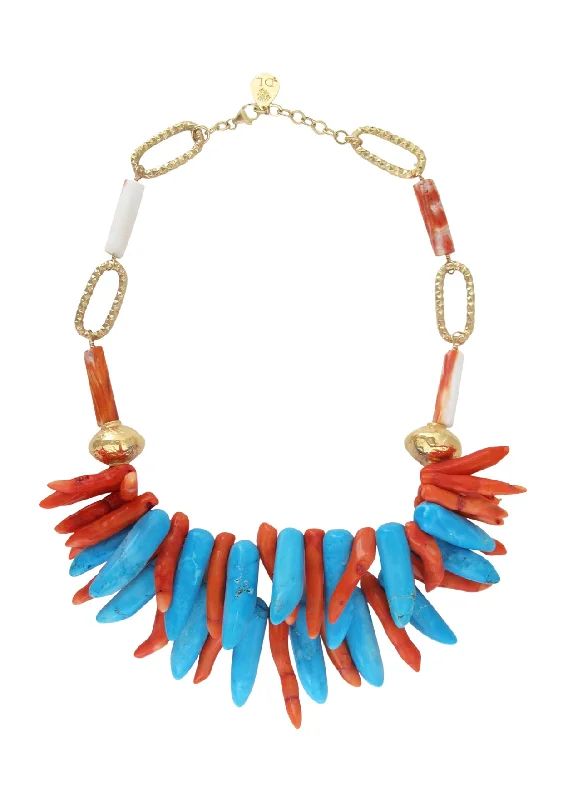 Trendy Gold Chain Necklace-Turquoise Coral Gold Accent Statement Necklace