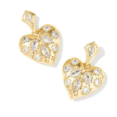 Unique Earrings for Bridesmaids-Kendra Scott | Holland Gold Heart Drop Earrings in White Crystal