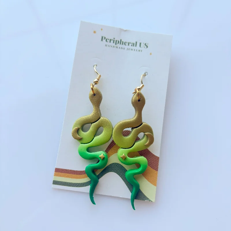 Silver Dangle Earrings-GOLD & GREEN SNAKE EARRINGS