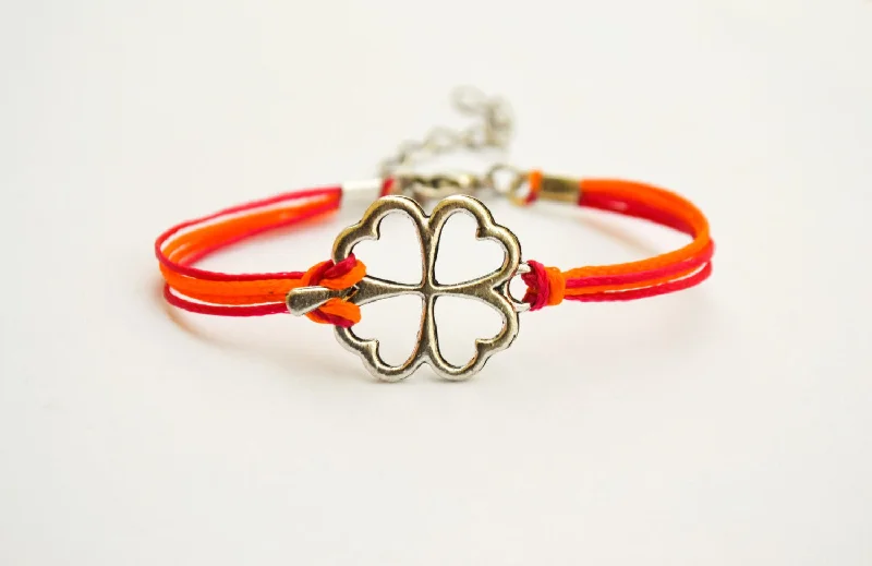 Classic Charm Bracelet for Women-Clover bracelet, orange and pink cord bracelet with a silver shamrock charm, children's size