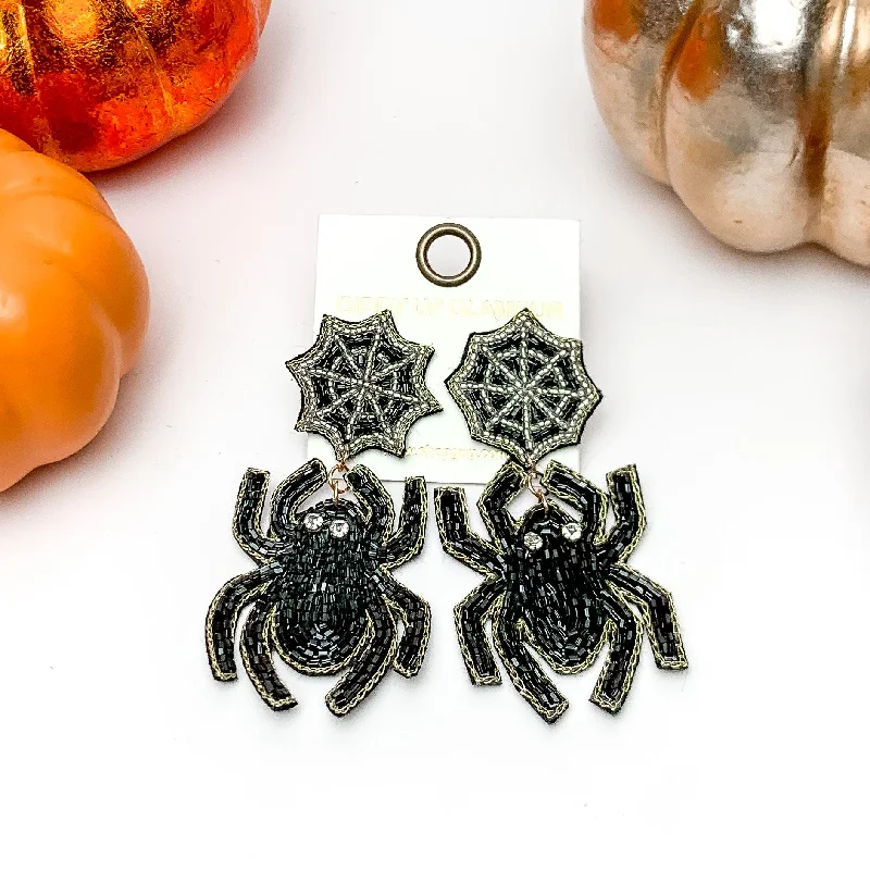 Rose Gold Hoop Earrings-Beaded Spider Earrings With Web Post in Black