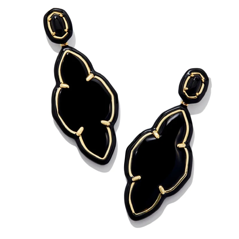 Modern Stud Earrings-Kendra Scott | Abbie Gold Enamel Frame Statement Earrings in Black Agate