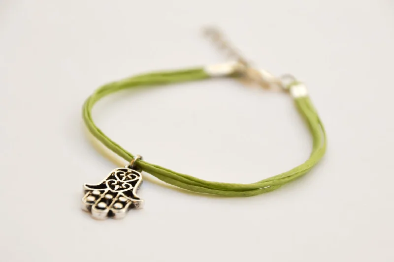 Personalized Friendship Bracelet-Silver Hamsa bracelet for women, light green cord, gift for her