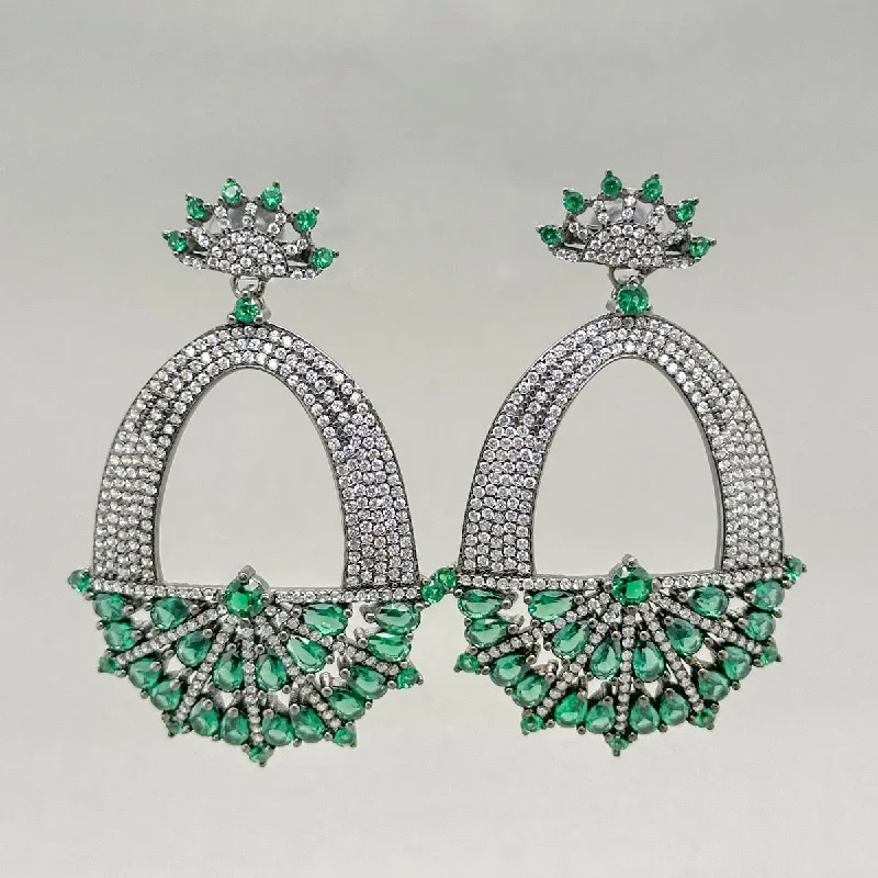 White Gold Earrings-SS Green & White CZ Fancy Danlge Earrings