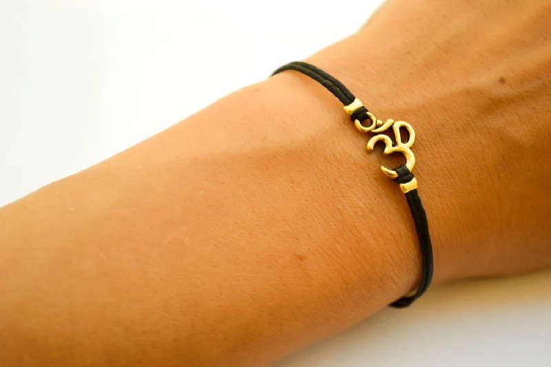 Women’s Bracelet with Birthstones-Black cord bracelet with gold tone Om charm, adjustable bracelet for her