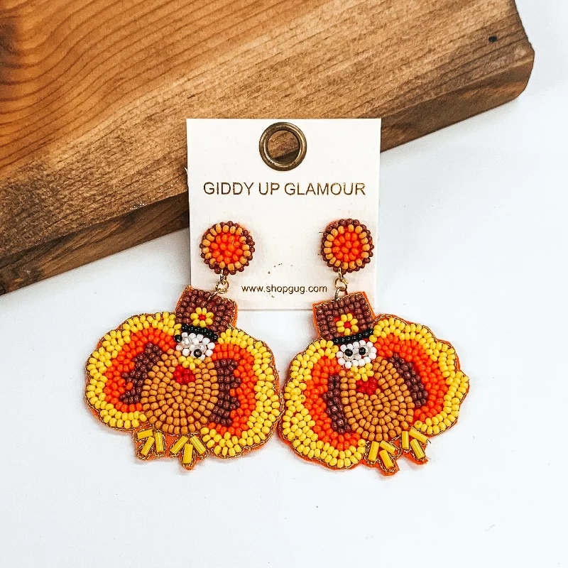 Affordable Gold Earrings-Beaded Turkey Earrings in Tan and Orange