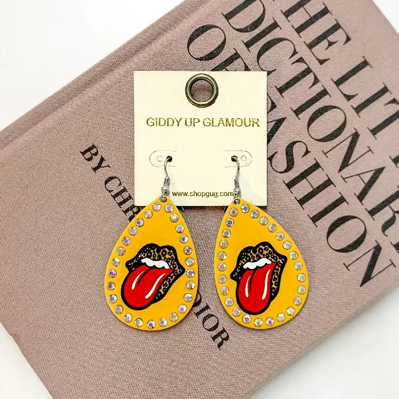 Heart Shaped Earrings-Rock On Metal Teardrop Earrings with Leopard Print in Mustard Yellow