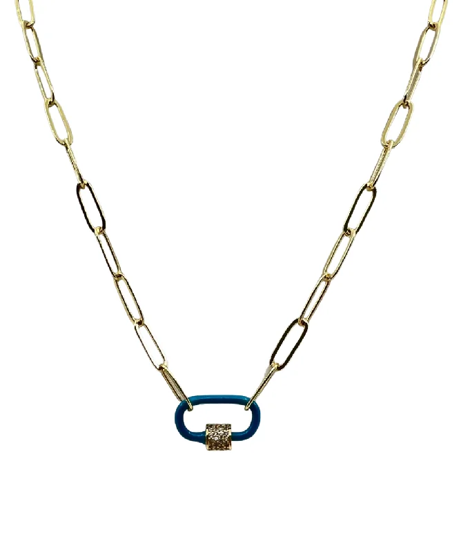 Stunning Crystal Necklace-Gold Paperclip Chain Link Necklace - Blue Carabiner