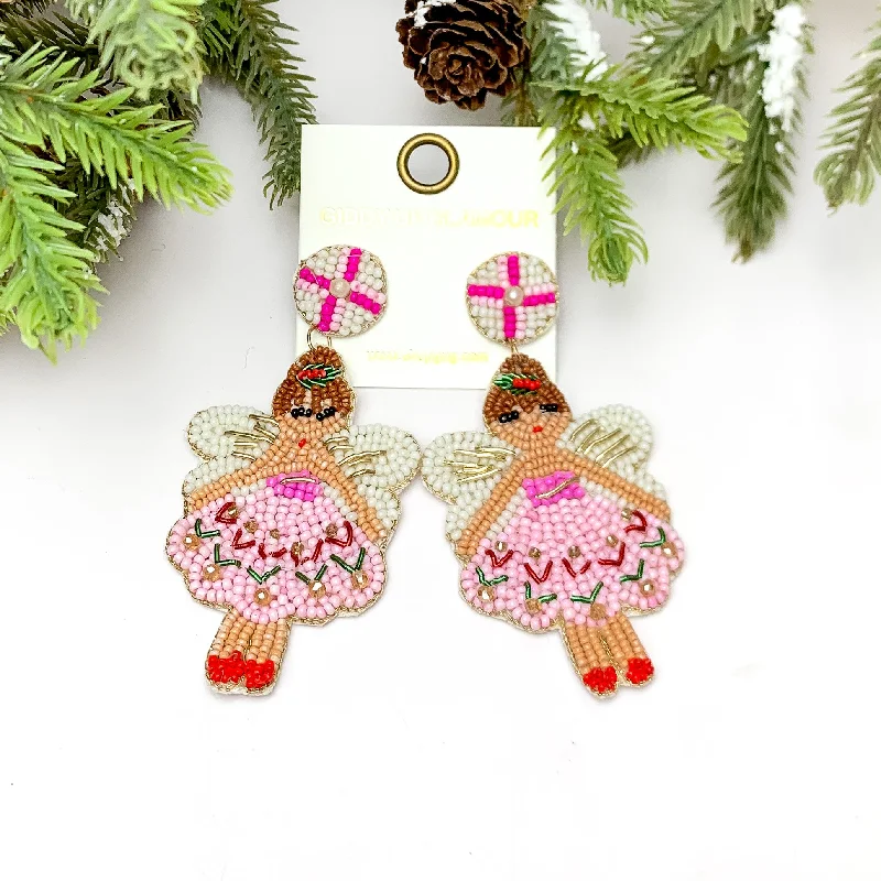 Dazzling Gold Earrings-Beaded Christmas Fairy Earrings in Pink Tones