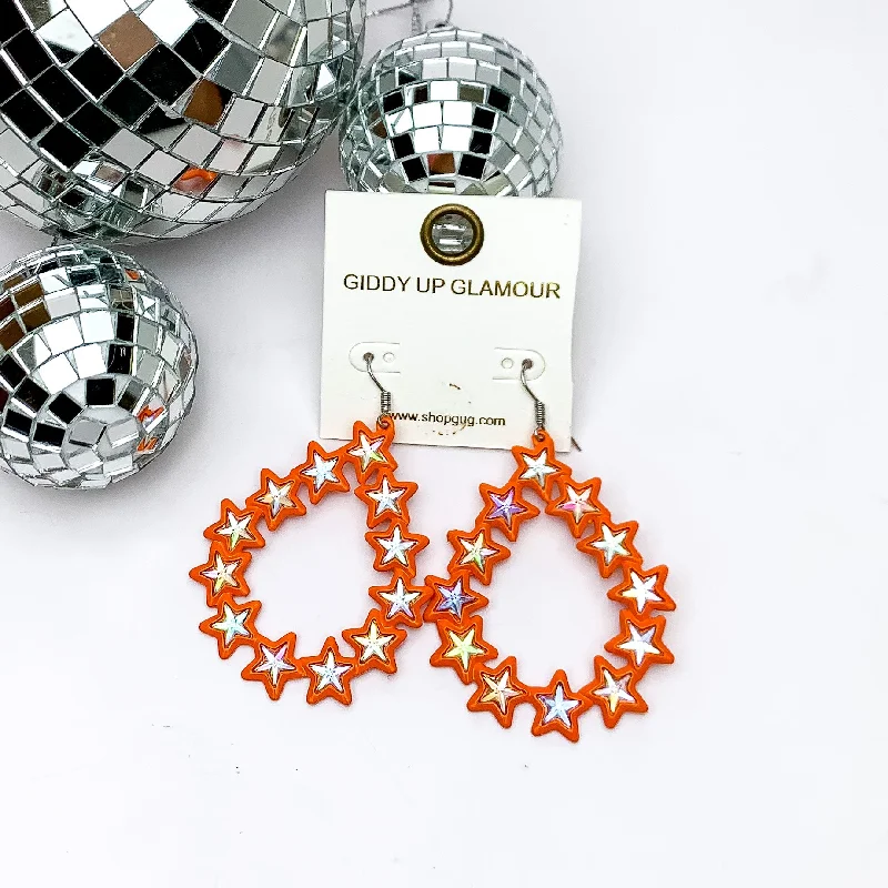 Sparkling Drop Earrings-Star Linked Teardrop Earrings with AB Crystals in Orange