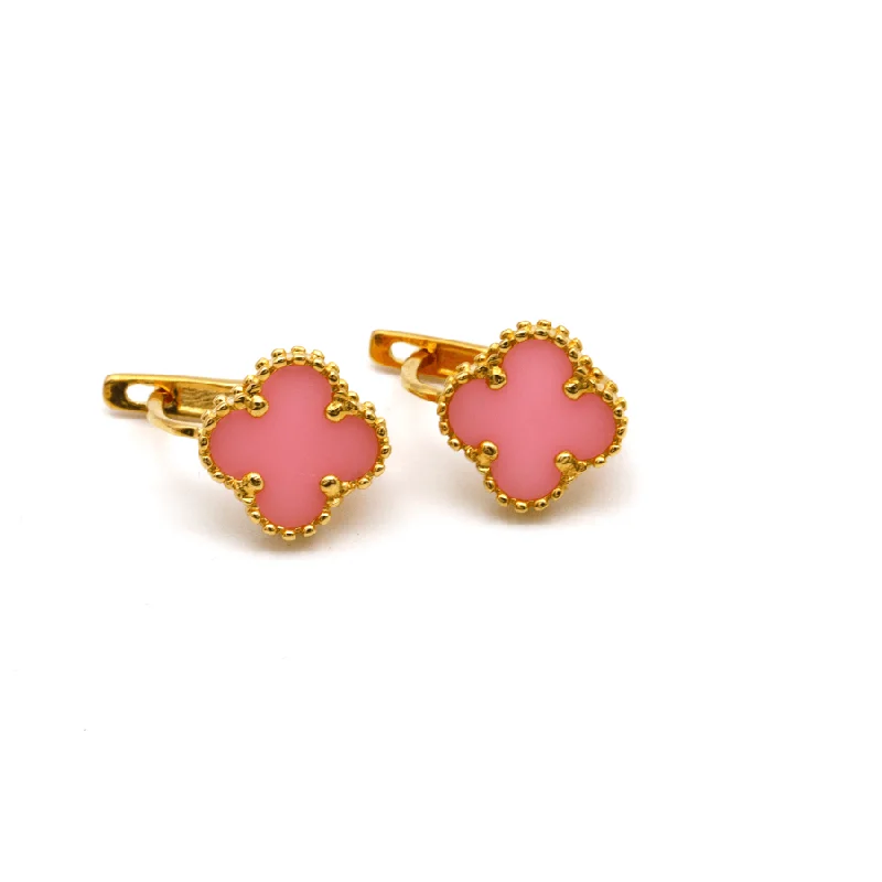 Trendy Earrings for Girls-Real Gold Pink Clover Press Clip Earring Set - Model GZJVN E1924