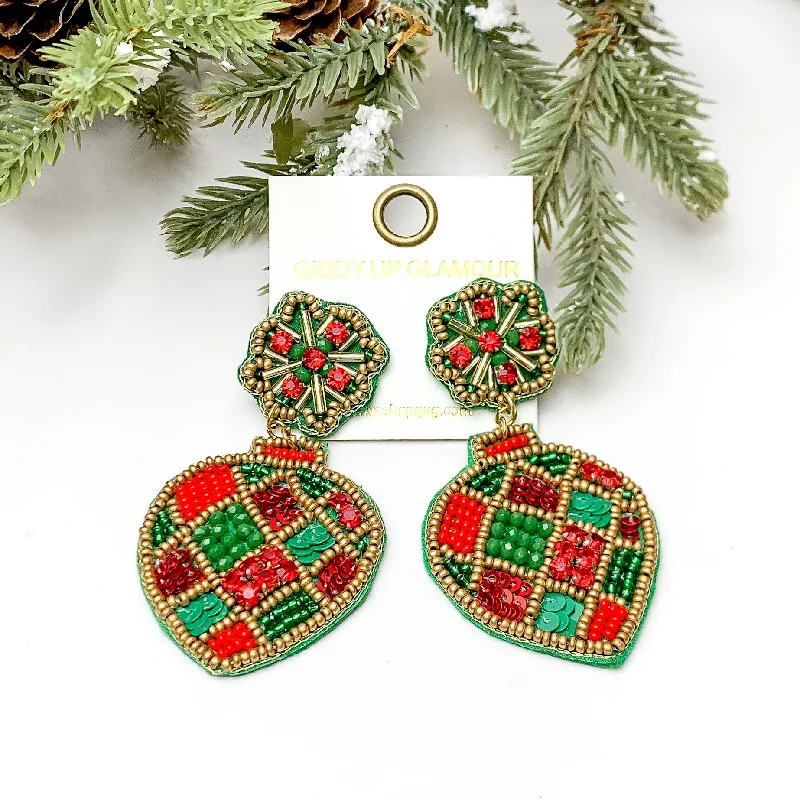 Elegant Stud Earrings-Beaded Post Back Ornament Earrings in Red and Green