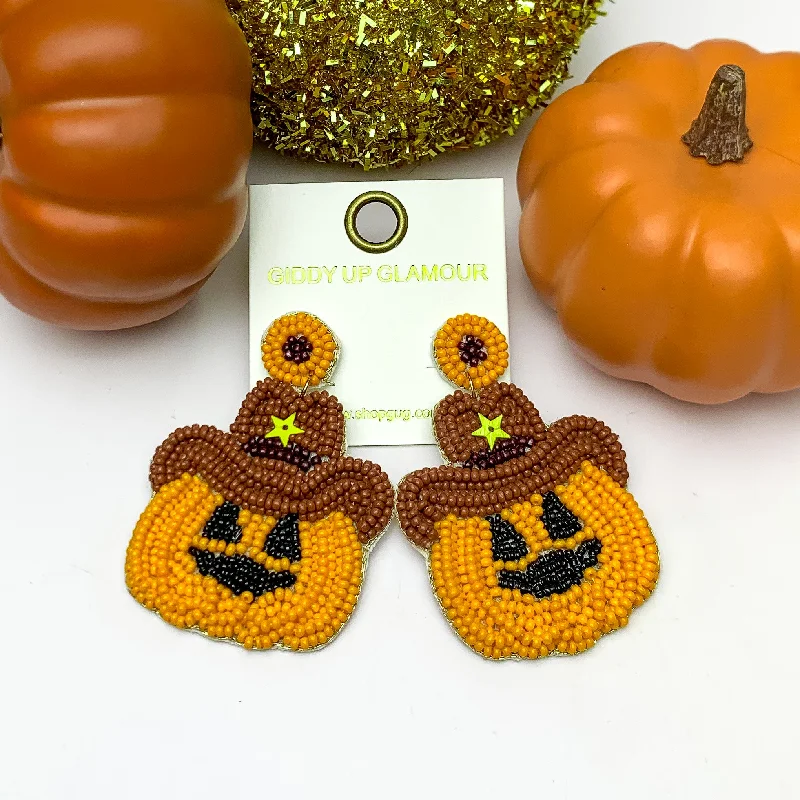 Silver Earrings with Diamonds-Beaded Pumpkin Earrings With Brown Cowboy Hat