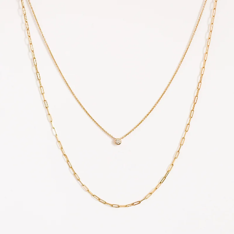 Delicate Chain Necklace-14K Diamond Solitaire + Dainty Paper Clip Necklace Bundle