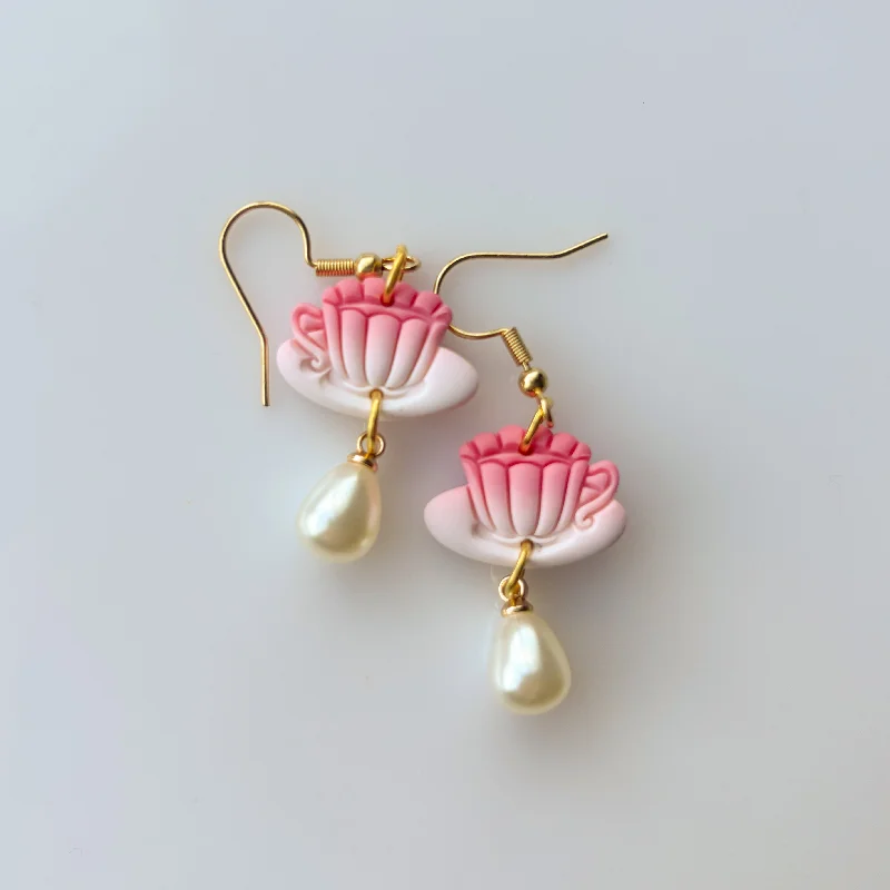 Bridal Earrings with Crystals-TINY TEACUP EARRINGS (PEONY PINK)