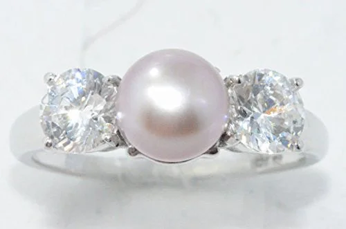 Men's Silver Wedding Band-7mm Pink Freshwater Pearl & Zirconia Ring .925 Sterling Silver Rhodium Finish