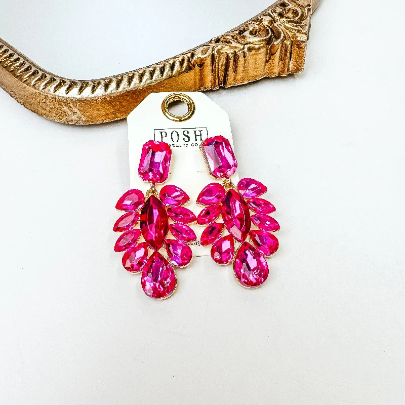 Stunning Crystal Earrings-Posh by Pink Panache | Gold Tone Crystal Teardrop Statement Earrings in Fuchsia Pink