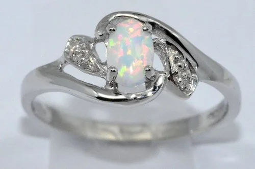 Designer Wedding Ring for Women-6x4mm Opal & Diamond Oval Ring .925 Sterling Silver Rhodium Finish