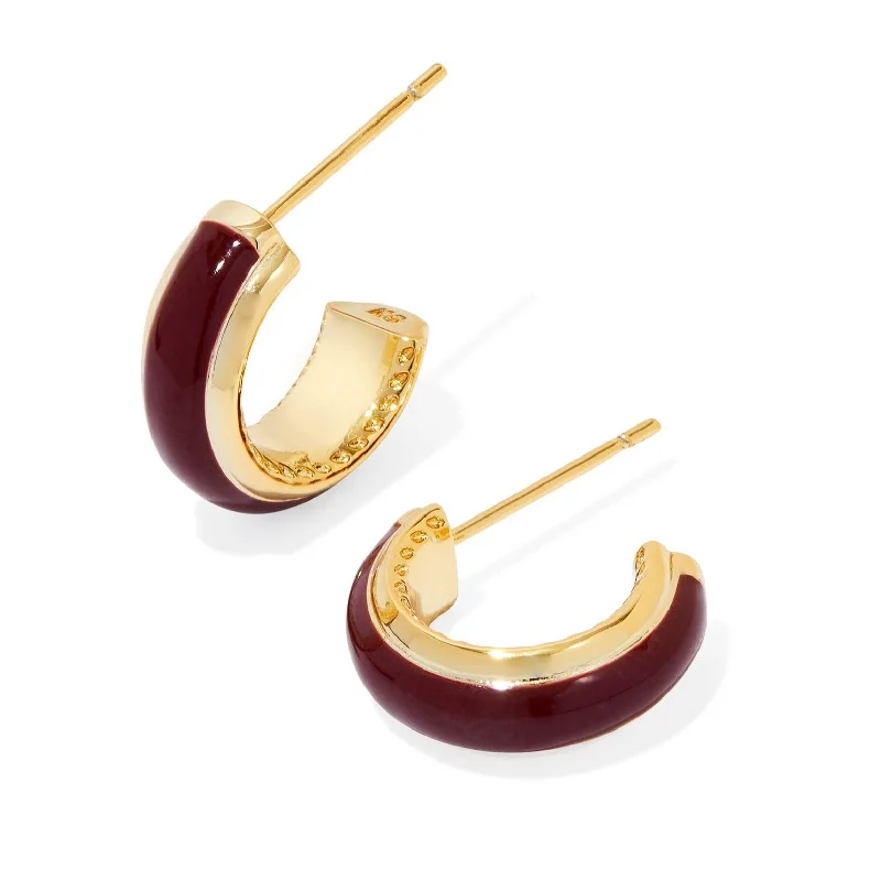 Gemstone Earrings for Brides-Kendra Scott | Ainsley Gold Huggie Earrings in Burgundy Enamel